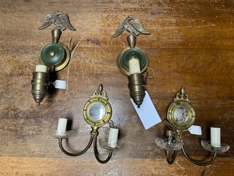 Pair Of Mid Century Brass Eagle Federal Hurricane Style Sconces And Federal Mirror Sconces
