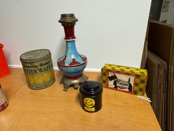 Small Lot Of  4 Misc Antiques Tins, Aesthetic Lamp Base