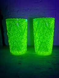 Pair Vintage Vaseline/Uranium Vases In The Daisy & Button With V Ornament Pattern