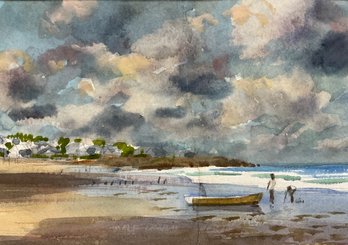 Vintage Watercolor Of Beach Scene With Figures And Row Boat