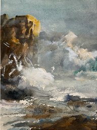 Vintage Watercolor Of Crashing Surf Unsigned Mystery Artist