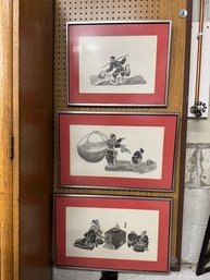 Trio Of Vintage Framed Thai Peasant Rubbings