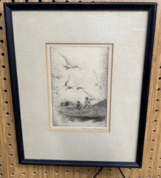 ? Berls , Maiden And Child In Dory Fishing, Framed  Antique  Etched Plate Dated '34  8x10'