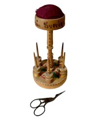 Antique Swedish Pin Cushion And Spool Caddy Sewing Treenware Hand Painted  And Stork Sewing Scissors