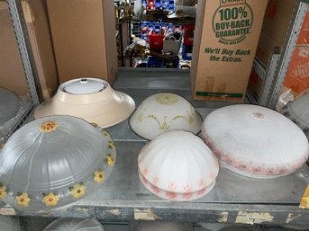 Five Vintage And Antique Painted  Glass And Enamel Ceiling Mount Shades