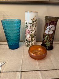 4 Gorgeous Pieces Of Antique/Vintage Hand-Painted And Other Glassware Vases