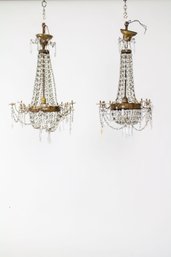 P369 PAIR 19th Century Italian Empire Gilt Tole Crystal Chandeliers  A Pair