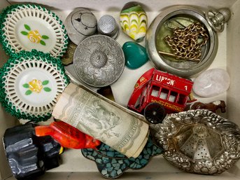 Box Of Smalls With Flower Frog, Watch Case Etc