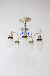 C452 Early 20th Century Silver Plate Flush Chandelier With Blue Crystals And Frosted Glass Shades