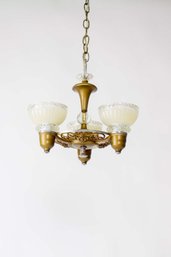 C451 1930s Art Deco Chandelier With Cream And Clear Glass Shades.