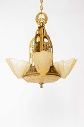 C443 1930s Lightolier Art Deco Slip Shade Glass Chandelier