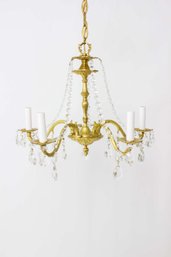 C426 Mid 20th Century Five Arm Spanish Cast Brass And Crystal Chandelier