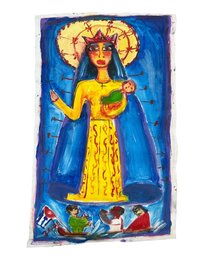 Cuban Folk Art Acrylic On Canvas Of Madonna And Child