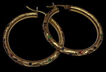 14K Gold Stone Studded Hoop Earrings