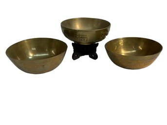Trio Of Vintage Brass Or Bronze Metal Chinese Bowls
