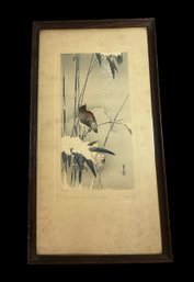 Yoshimoto Gesso  Sparrows And Bamboo In Snow Antique Print