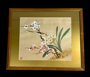 Hand Painted Gouache On Silk Bird And Flowers