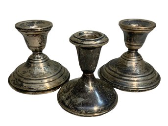 Vintage Trio Of Sterling Weighted Silver Candleholder