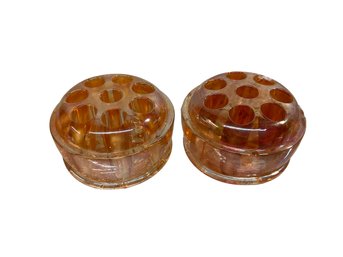 Pair Of Vintage Orange Carnival Glass Flower Frogs