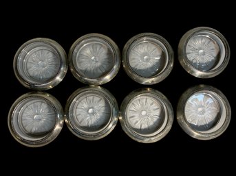 Set Of 8 Vintage Sterling Silver And Glass Coasters
