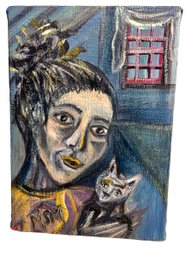 Small Oil On Canvas Of Woman And Cat By Madeleine Murray