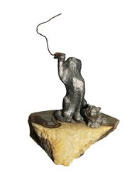 Mother Cat And Kitten Pewter Statue Playing With String Mounted To Geode