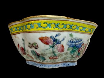 Antique Chinese Enameled Porcelain Footed Bowl Yellow Band