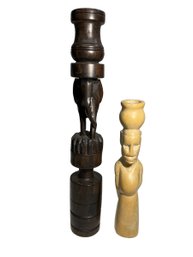 Pair Of African Carved Candleholders Wood And Stone