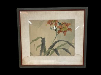 Huge Framed Tiger Lily Painting Watercolor On Silk