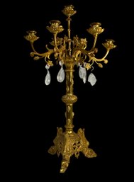 Large Antique Bronze Or Brass Candelabra Griffen Feet  Hanging Teardrop Prisms