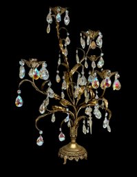 Tall Mid-Century Italiante Style Vintage Metal Candelabra W Crystal Prisms