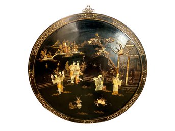 Huge Antique Japanese Lacquer Medallion With Jade Figures