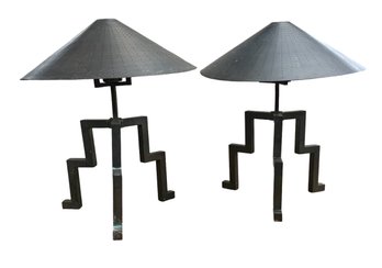 Funky Pair Of Modernist Copper Zig Zag Lamps With Shades