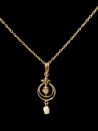 Art Nouveau Pendant 10K On 14K Chain Small Diamond And Pearl