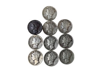 Lot Of Ten Mercury Silver Dime Coins 1941 And 1942