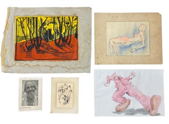 60s Art Lot Linocut Abstract Face Ink Sketch Keep On Truckin Watercolor Nude By Szekely 1960