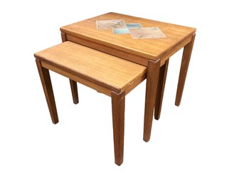Vintage Teak Wood Mid Century Modern Nesting Table Set Inlaid With Tile