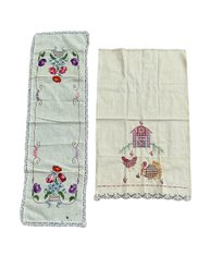 Vintage Hand Embroidered And Cross Stitch Kitchen Towel And Table Runner Turkey Floral Decoration