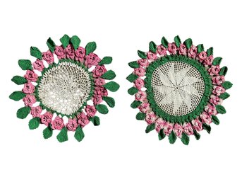 Two Vintage Handmade Crochet Pink Rose Table Doilies
