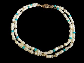 Natural Pearl And Turquoise Beaded Necklace
