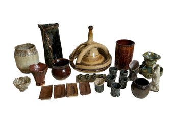 Lot Of Art Pottery Vases Small Dishes Brush Holder Trumpet Etc.