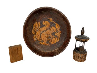 Wooden Ware Folk Art Lot Squirrel Bowl Miniature Carved Faux Book And Well