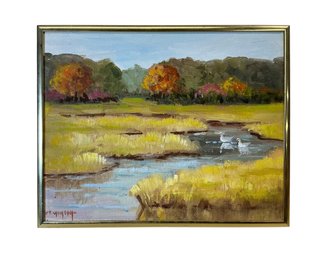 Theresa O. Wonson (1928-2021) Cape Ann Artist Oil On Board Of Marsh Scene With Ducks