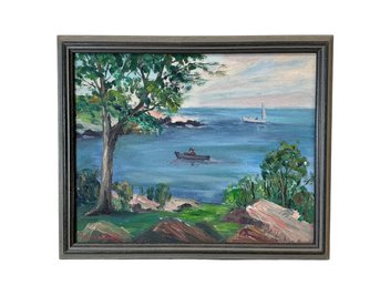 Oil On Board Folk Art Painting Of Cove With Rowboat And Sailboat Indistinctly Signed