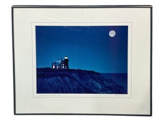 Framed Malcolm Greenaway Photo Of Moon Over Southeast Light RI New England Lighthouse