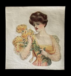 Lot Of 25 Antique Silk Squares With Printed Lithograph Of Lady