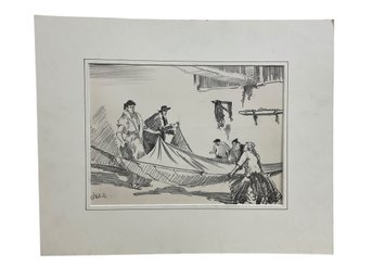 John Chetcuti (1900 - 1976) Lithograph Of Fishermen And Women Repairing Net