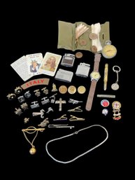 Lot Of Mens Accessories Tie Tacks Cuff Links Watches Ronson Lighters Army Gear Etc.