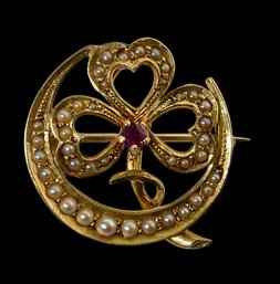 Antique Victorian Crescent Moon And Clover 14K Yellow Gold Seed Pearl And Ruby Brooch