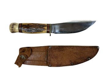 Vintage Marbles Bowie Knife With Leather Sheath Fixed Blade
